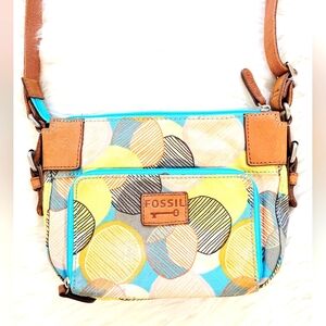 Fossil‎ Blue Mustard Gray Geo Canvas Small Crossbody Bag Purse Organizer - Read